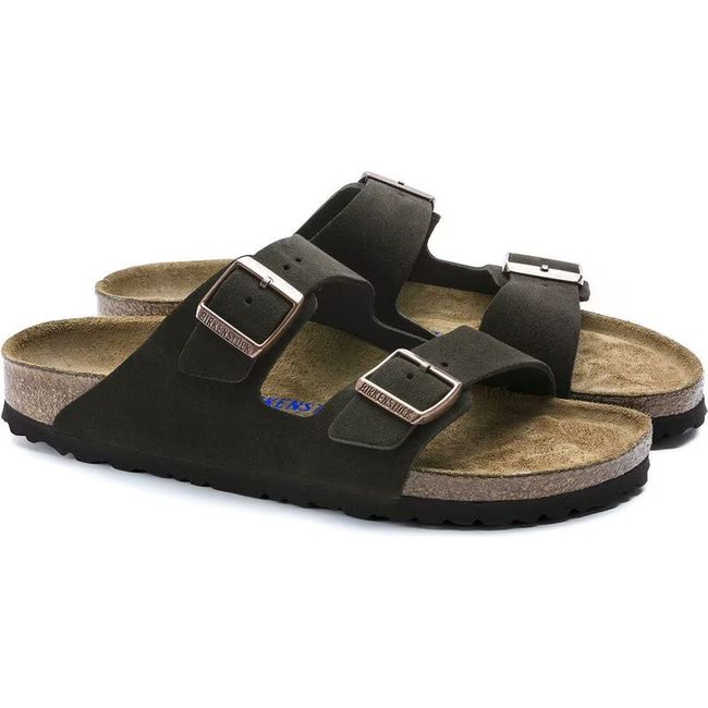 Pair of Birkenstock Unisex Arizona Soft Footbed Suede Sandals in Mocha