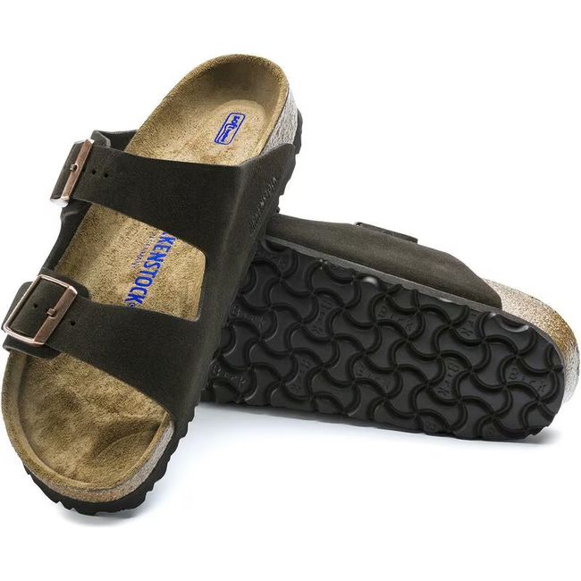 Upper and sole of Birkenstock Unisex Arizona Soft Footbed Suede Sandals in Mocha