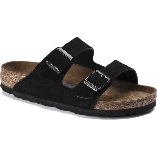 Unisex Birkenstock Arizona Soft Footbed Black Suede Sandal with two buckle straps and cork footbed