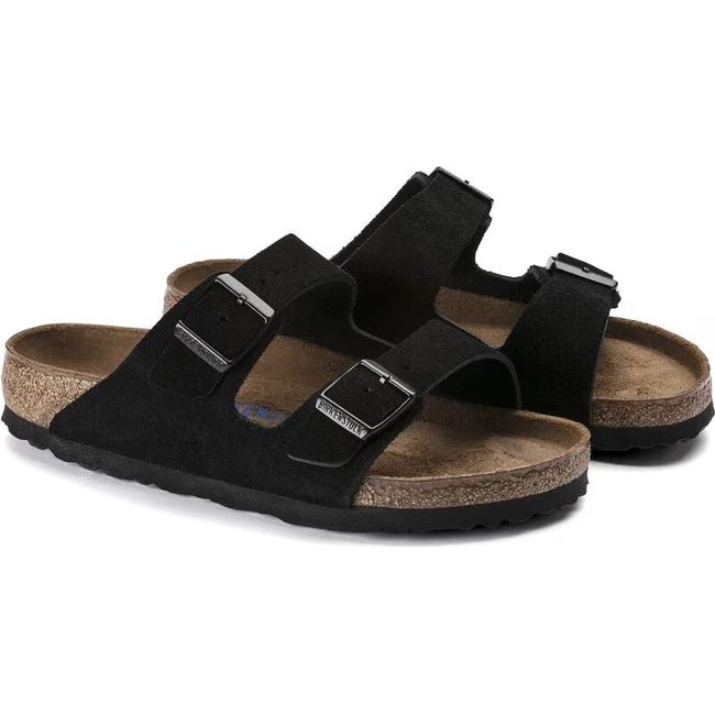 Pair of Unisex Birkenstock Arizona Soft Footbed Black Suede Sandals with two straps and cork footbed