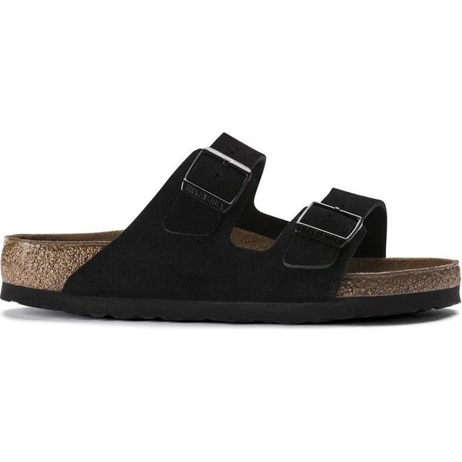 Side of Unisex Birkenstock Arizona Soft Footbed Black Suede Sandal with two straps and cork footbed