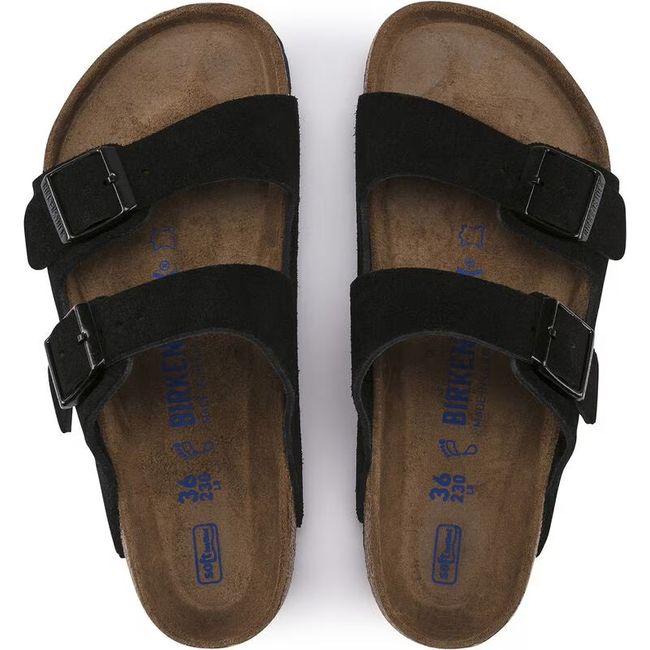 Top-down view of Birkenstock Arizona Soft Footbed Black Suede Sandals with two buckle straps