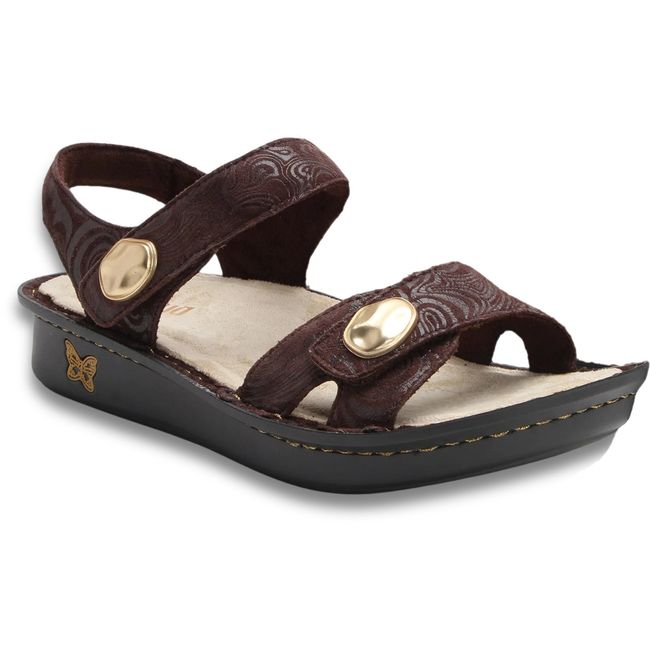 Front angled view of Alegria Women's Vienna Sandal in Swirling Brown