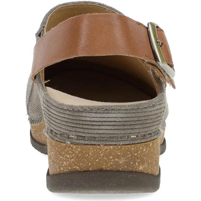 Dansko Merrin mule in stone embossed suede, back view showing adjustable buckle heel strap