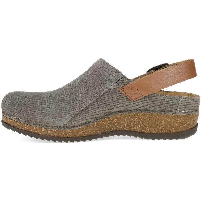 Dansko Merrin mule in stone embossed suede, side profile showing cork and EVA midsole