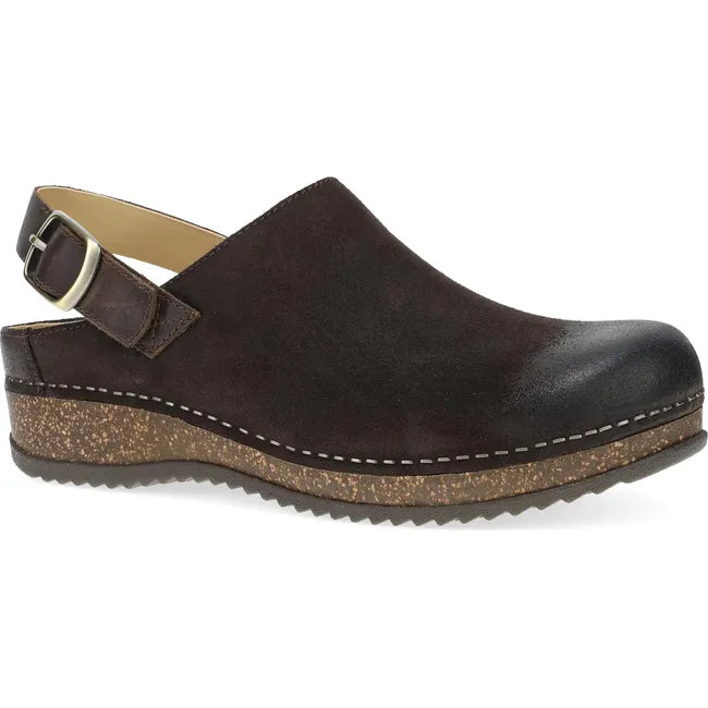Front angled view of Women's Dansko Merrin Sling Clog in cholocate burnished brown suede