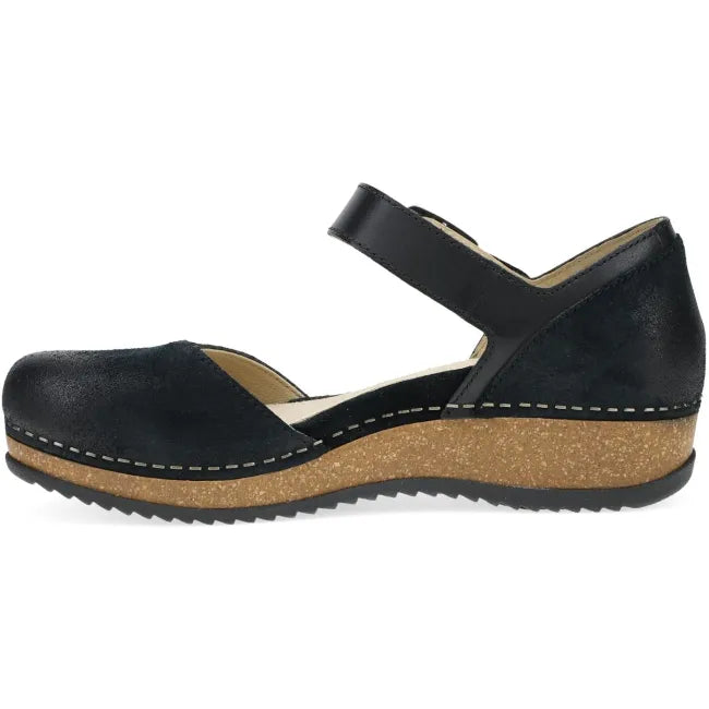 Dansko Mae Mary Jane clog in black burnished suede, side profile showing cork and EVA midsole