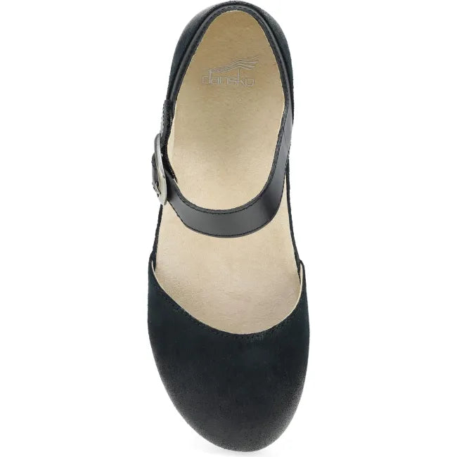 Dansko Mae Mary Jane clog in black burnished suede, top view showing buckle strap