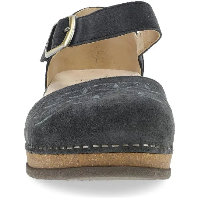 Dansko Mae Mary Jane clog in charcoal embroidered suede, front view
