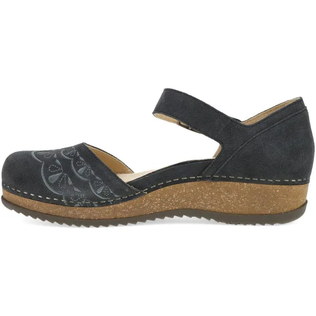 Dansko Mae Mary Jane clog in charcoal embroidered suede, side profile showing cork and EVA midsole
