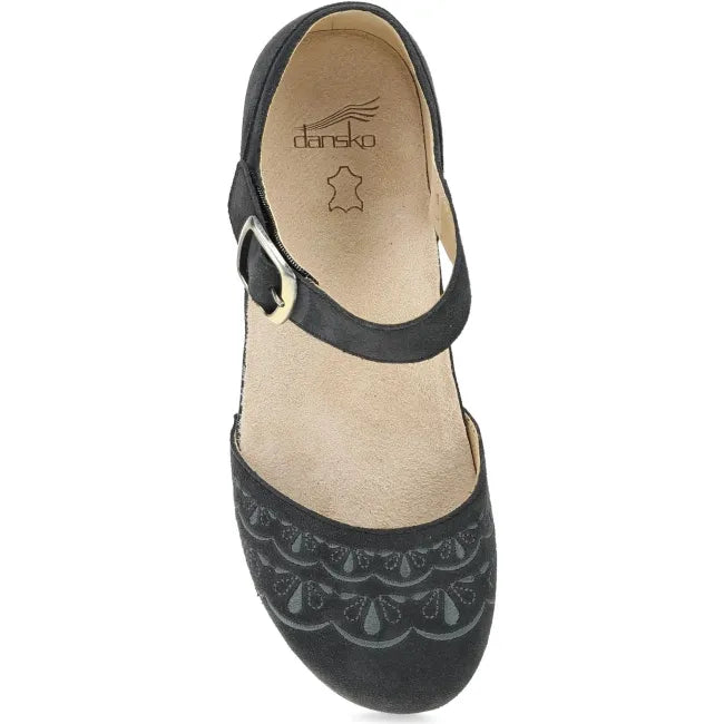 Dansko Mae Mary Jane clog in charcoal embroidered suede, top view showing buckle strap and scalloped embroidery