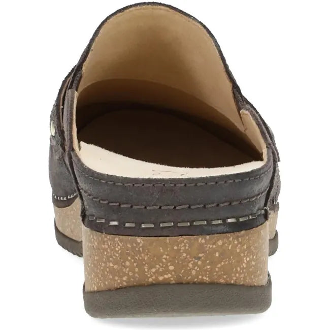 Dansko Maggy clog in chocolate leather, back view showing open-back silhouette