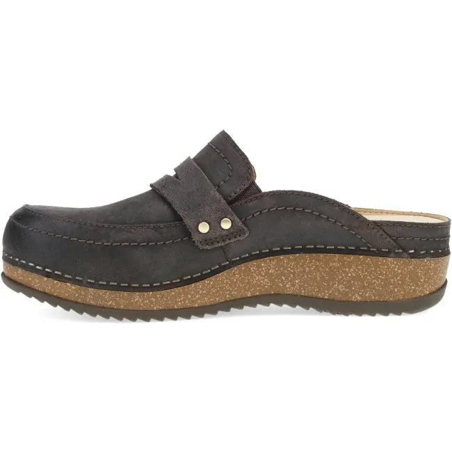 Dansko Maggy clog in chocolate leather, side profile showing cork and EVA midsole
