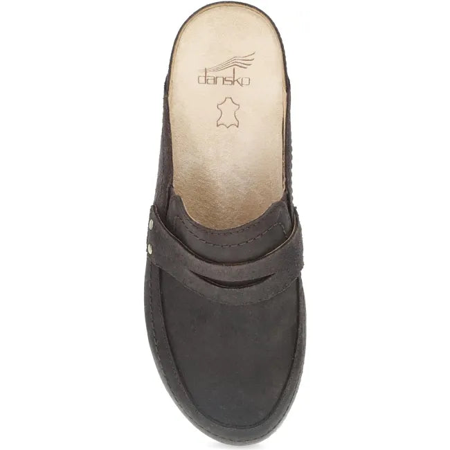 Dansko Maggy clog in chocolate leather, top view showing penny loafer-inspired keeper strap