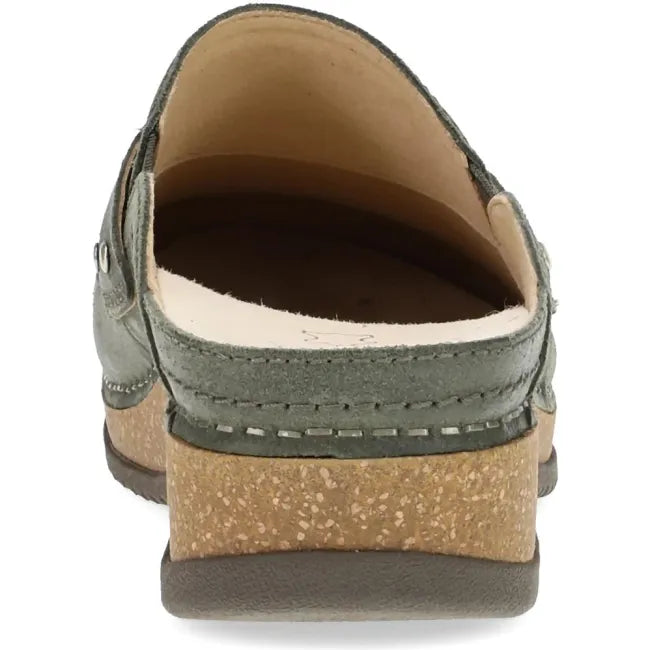 Dansko Maggy clog in olive leather, back view showing open-back silhouette