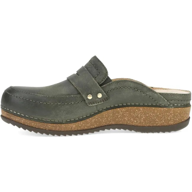 Dansko Maggy clog in olive leather, side profile showing cork and EVA midsole