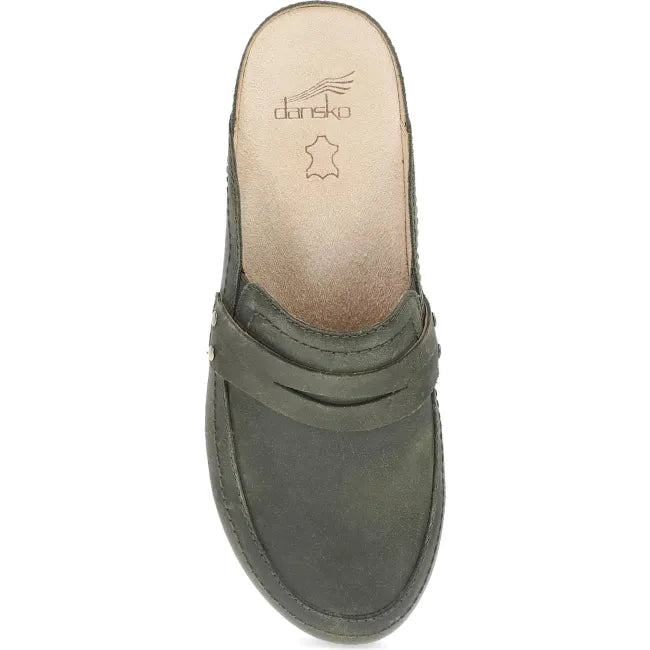 Dansko Maggy clog in olive leather, top view showing penny loafer-inspired keeper strap