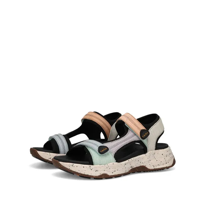 Pair of Women's Taos Super Side Sandal in Retro Emboss Multi with velcro straps