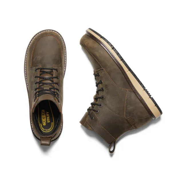 Upper and side of Keen Men's San Jose 6" Waterproof Aluminum Toe Work Boots in Cascade Brown