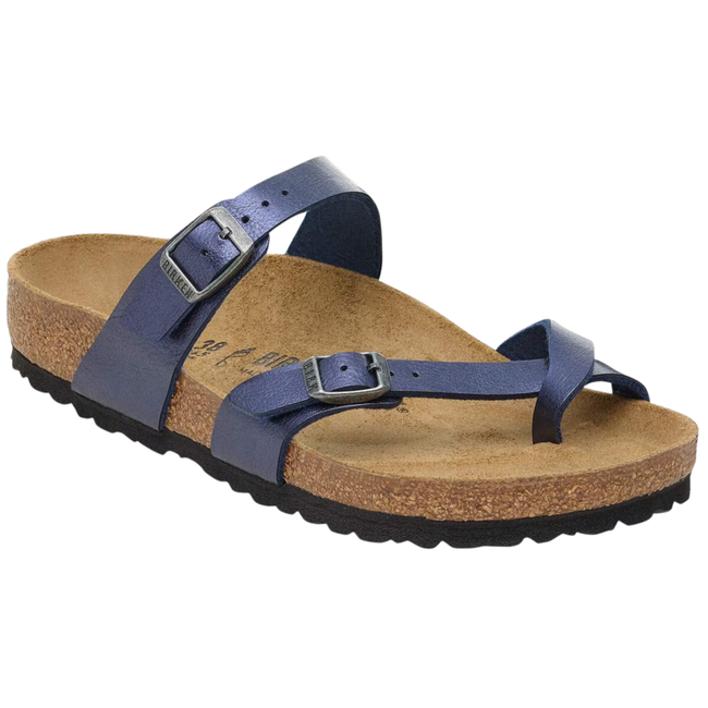 Angled side of Birkenstock Women's Birko-Flor Mayari Sandal in Graceful Midnight Blue