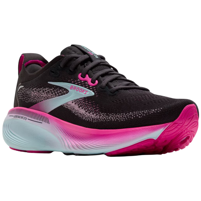 Angled side of Brooks Women's Adrenaline GTS 25 Running Shoe in Black and Cyber Pink