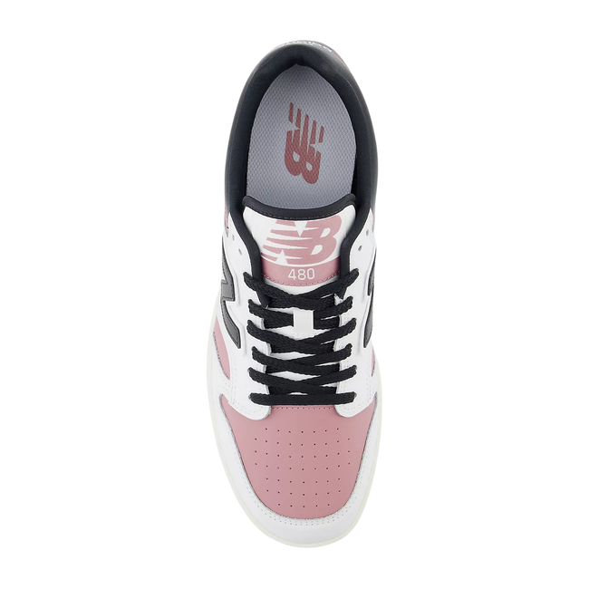 Top down view of Unisex New Balance 480 Lifestyle Shoe in white, rosewood pink, and black leather