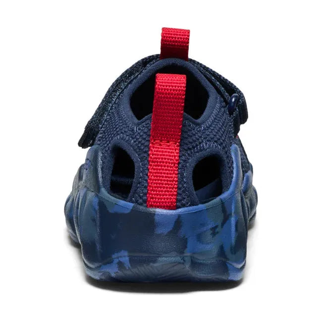 Heel of KEEN Kids' Hyperport H2 Closed Toe Sandal in Naval Academy Navy Blue and Red Carpet