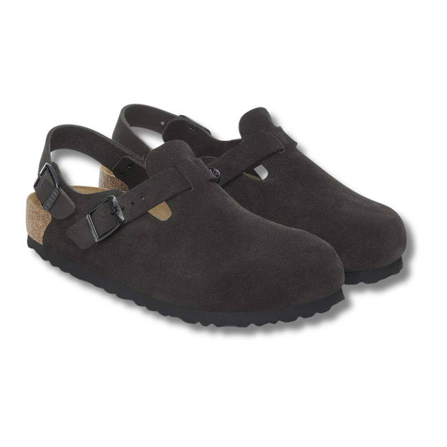 Pair of Birkenstock Women's Tokio Clogs in Black Suede with a backstrap