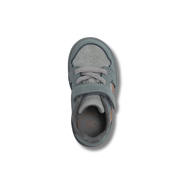 Top of Stride Rite Kids' London Sneaker in Grey with adjustable velcro strap