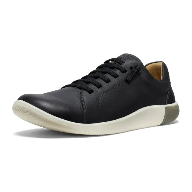 Front angled view of Men's Keen KNX Leather Sneaker in Black Star White colorway