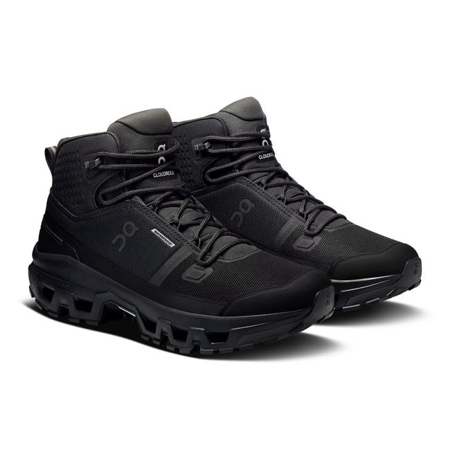 Pair of On Running Men's Cloudrock Mid Waterproof Hiking Boots in all black