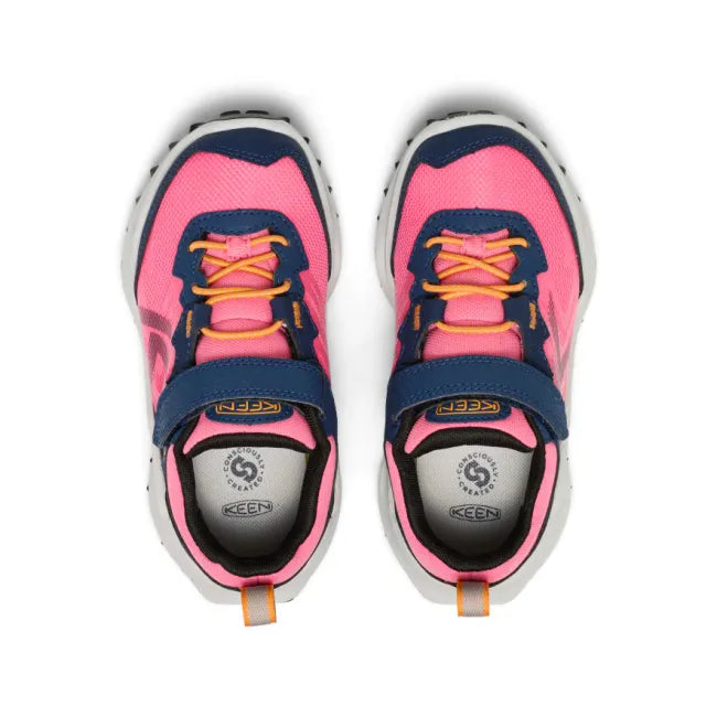 Top view of KEEN Little Kids' Zionic Waterproof Shoes in Navy blue and Pink.