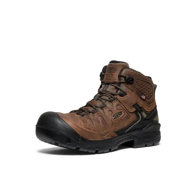 Front angled view of Keen Men's Targhee IV Waterproof Carbon Toe Work Boot in Dark Earth Brown