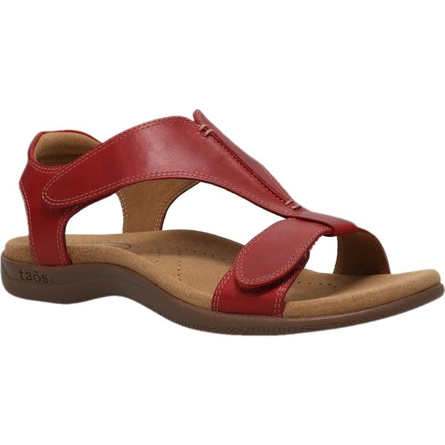 Front angled view of Women's Taos The Show Sandal in red leather with velcro straps