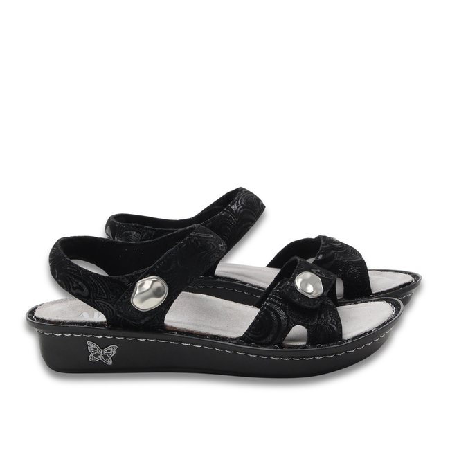 Lateral of Alegria Women's Vienna Sandals in Swirling Black