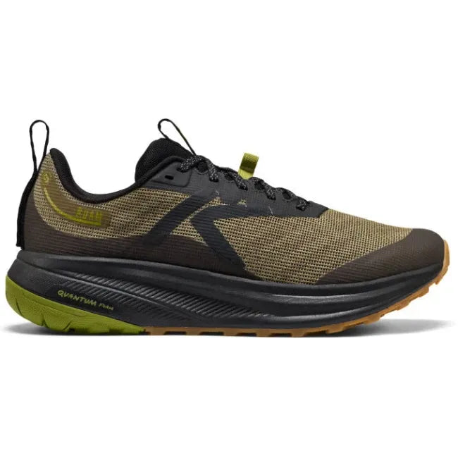 Lateral side of KEEN Men's Roam Trail Running Shoe in olive green and gold
