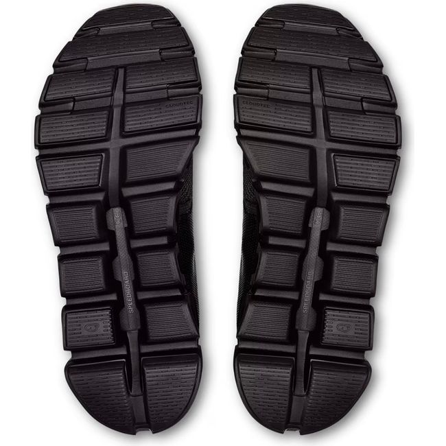 Soles of On Running Women's Cloud 6 Running Shoes in all black