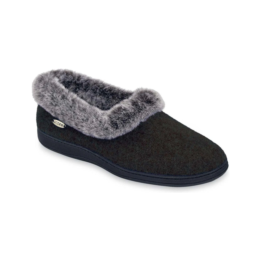 Acorn Women's Faux Fur Chinchilla Collar Slipper in Black, front three-quarter view
