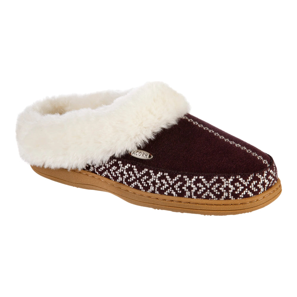 Acorn Women's Greta Embroidered Clog Slipper in Raisin, front three-quarter view