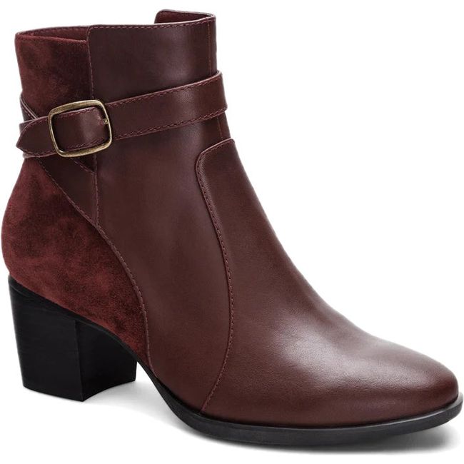 Front angled view of Women's Aetrex Rebecca Heel Boot in Burgundy leather