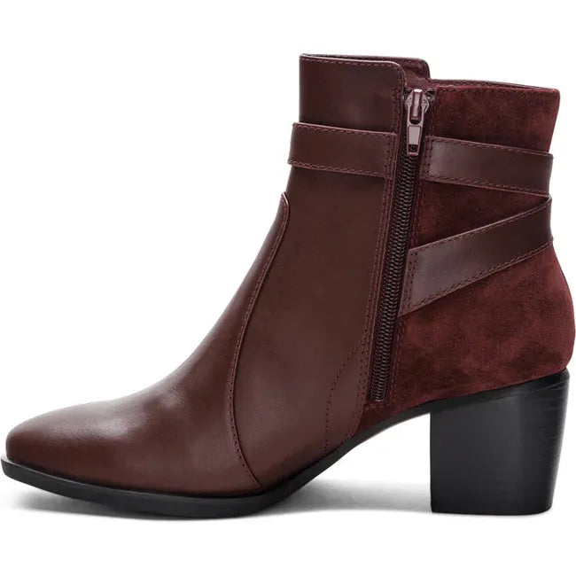 Medial side of Women's Aetrex Rebecca Heel Boot in Burgundy leather with side zipper