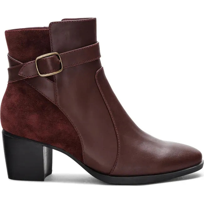 Lateral side of Women's Aetrex Rebecca Heel Boot in Burgundy leather