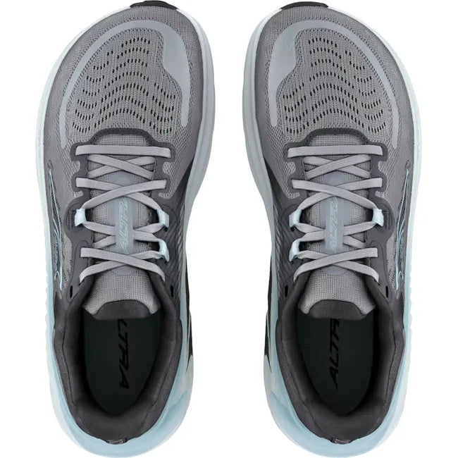 Top down view of Altra Women's Paradigm 7 Running Shoes in dark gray with light blue accents