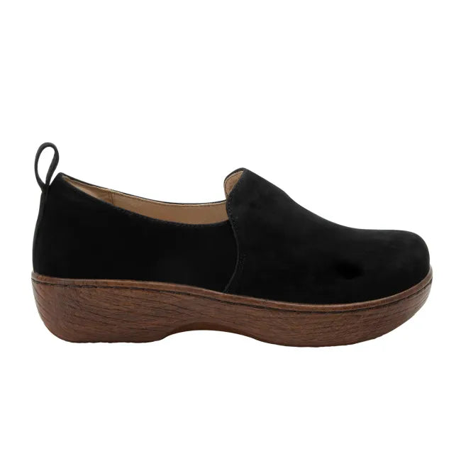 Lateral side of Alegria Women's Orygin Shoe in Black Truffle Nubuck Leather