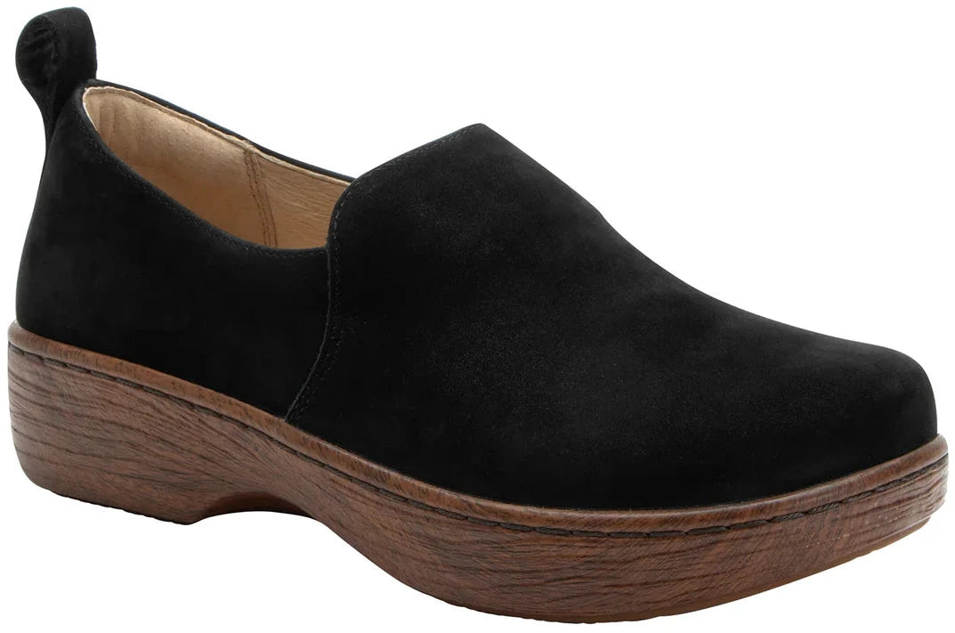 Front angled view of Alegria Women's Orygin Shoe in Black Truffle Nubuck Leather