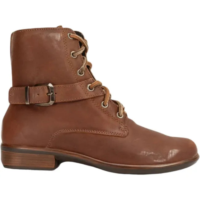 Lateral side view of Naot Women's Alize Boot showcasing the sleek exterior with a faux buckle, smooth brown leather upper, and leather laces.