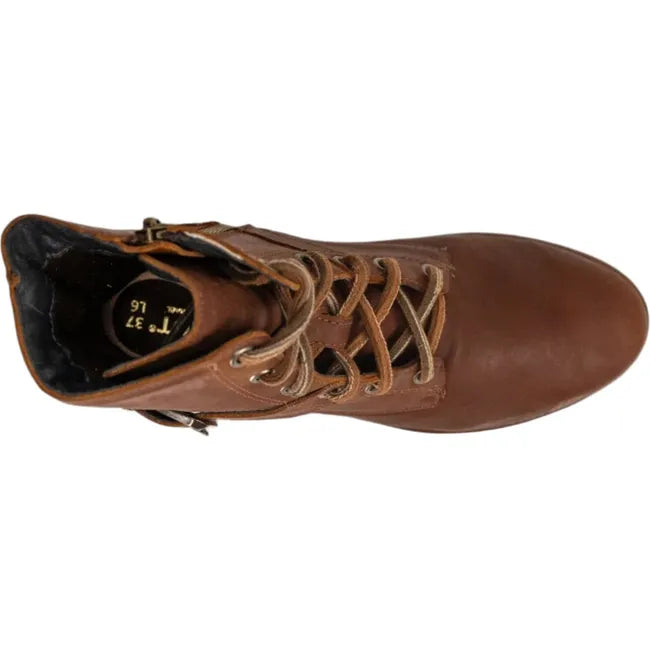 Top view of Naot Women's Alize Boot showcasing the sleek design with a faux buckle, smooth brown leather upper, side zipper, and decorative leather laces.
