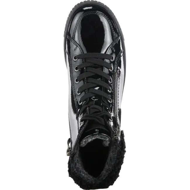 Top of Women's Spring Step Boot Relife Alps Lace Up in Black Patent with sherpa ankle lining