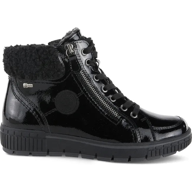 Lateral side of Women's Spring Step Boot Relife Alps Lace Up in Black Patent with side zipper