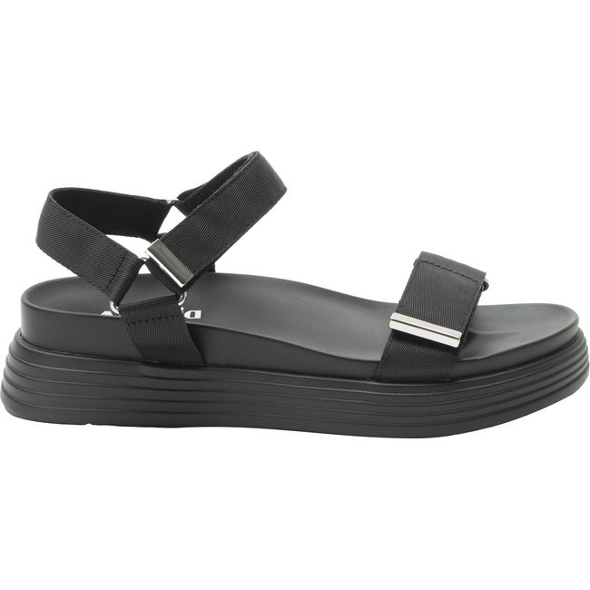 Lateral side of Women&#39;s Alegria Allyson Sandal in Black with velro straps and back strap